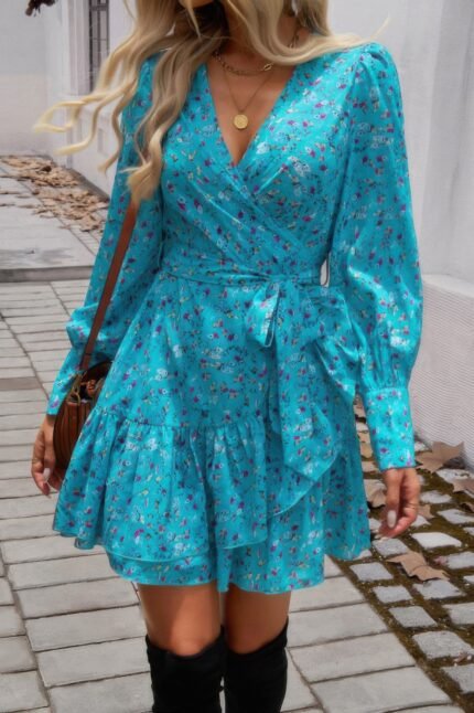 Ruffled Printed Surplice Long Sleeve Mini Dress