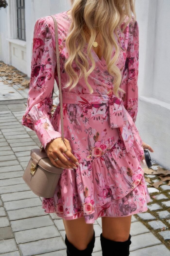 Ruffled Printed Surplice Long Sleeve Mini Dress - Image 7