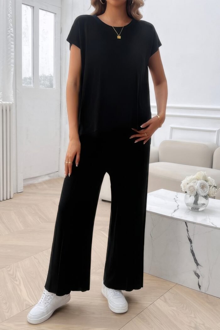 Two Pieces Short Sleeve Outfit Pullover Wide Leg Set - Image 1