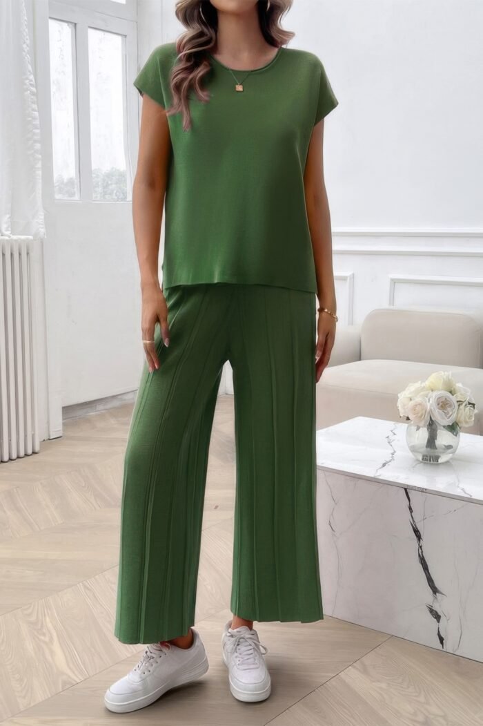 Two Pieces Short Sleeve Outfit Pullover Wide Leg Set - Image 2