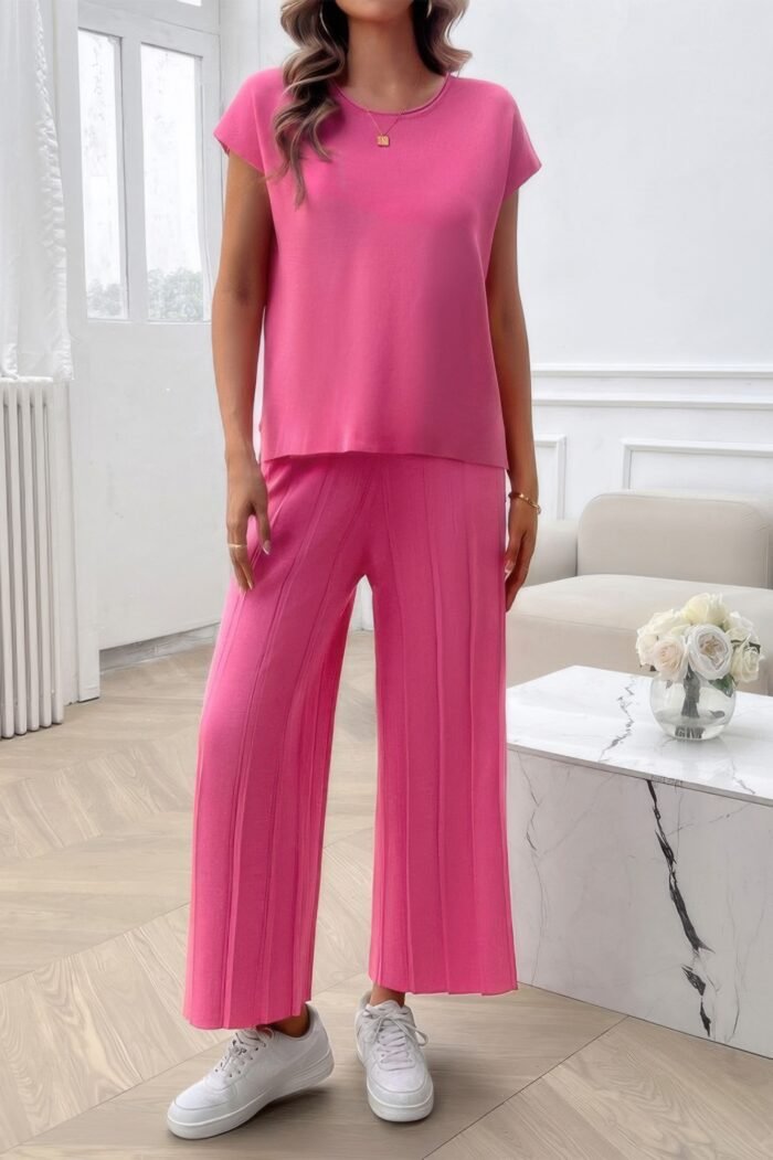 Two Pieces Short Sleeve Outfit Pullover Wide Leg Set - Image 3