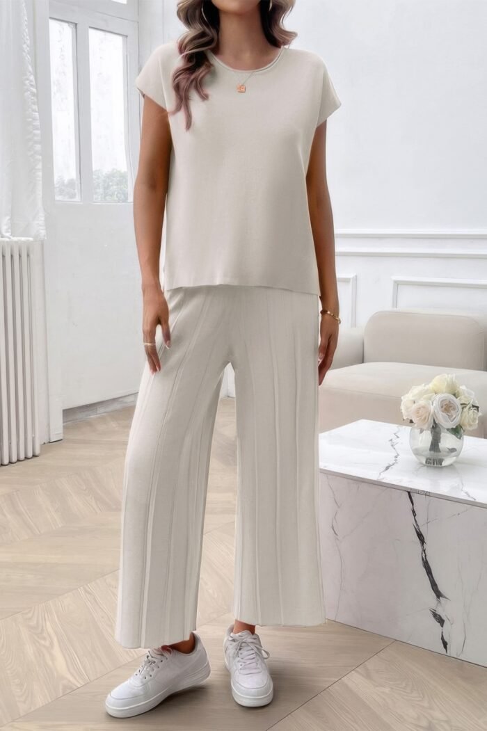 Two Pieces Short Sleeve Outfit Pullover Wide Leg Set - Image 4