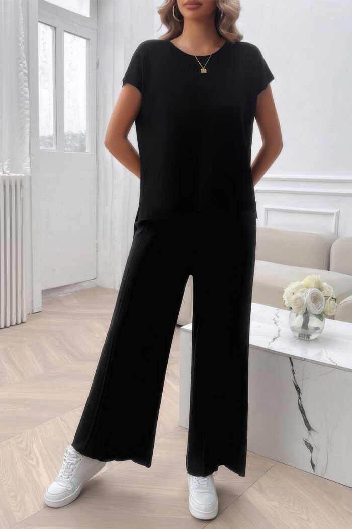 Two Pieces Short Sleeve Outfit Pullover Wide Leg Set - Image 5