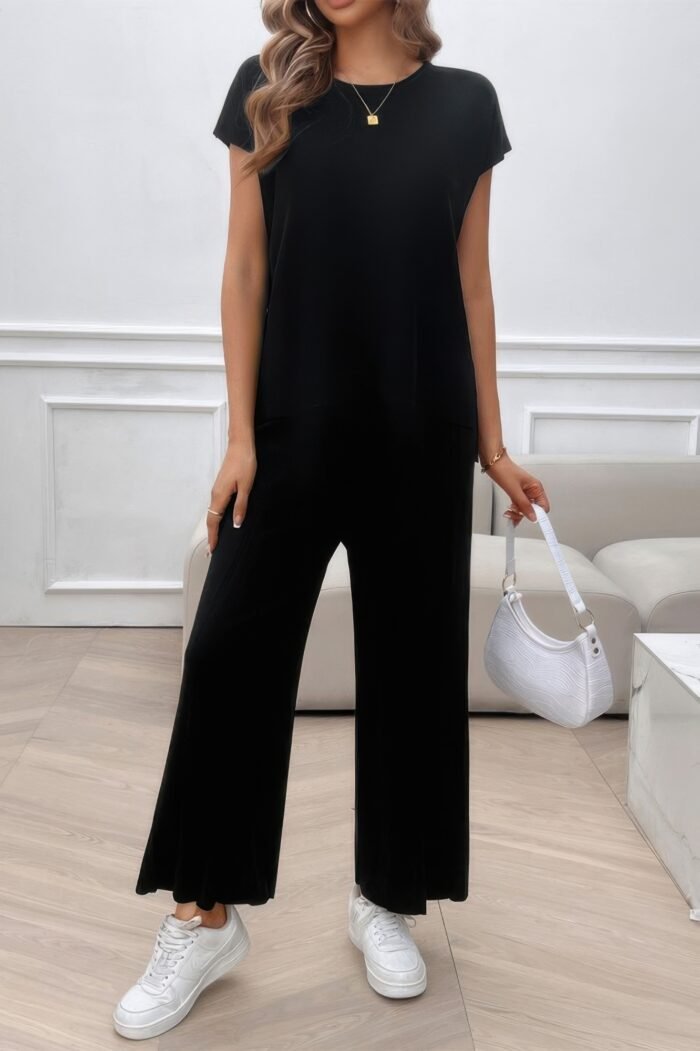 Two Pieces Short Sleeve Outfit Pullover Wide Leg Set - Image 6