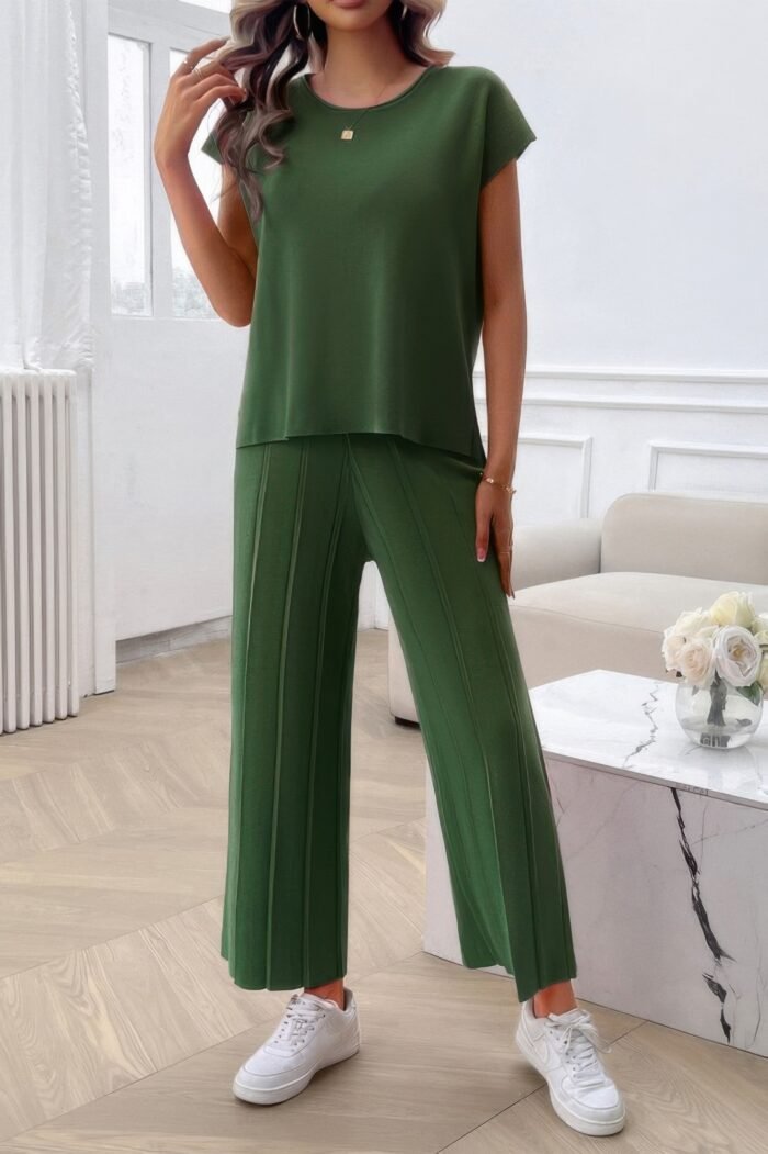 Two Pieces Short Sleeve Outfit Pullover Wide Leg Set - Image 8