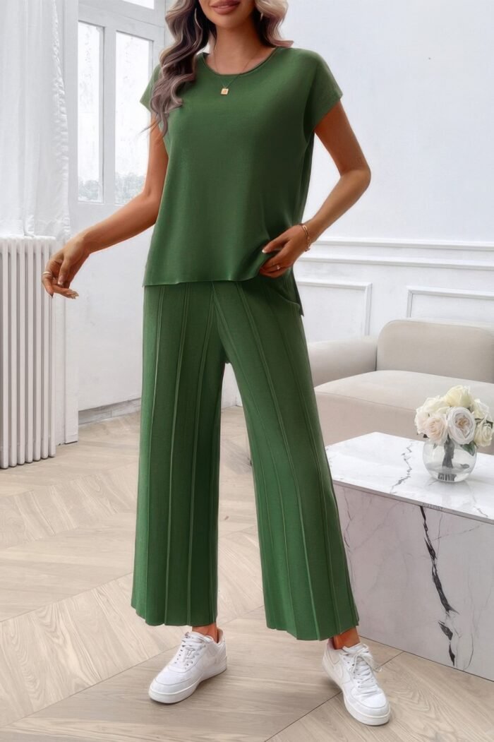 Two Pieces Short Sleeve Outfit Pullover Wide Leg Set - Image 9