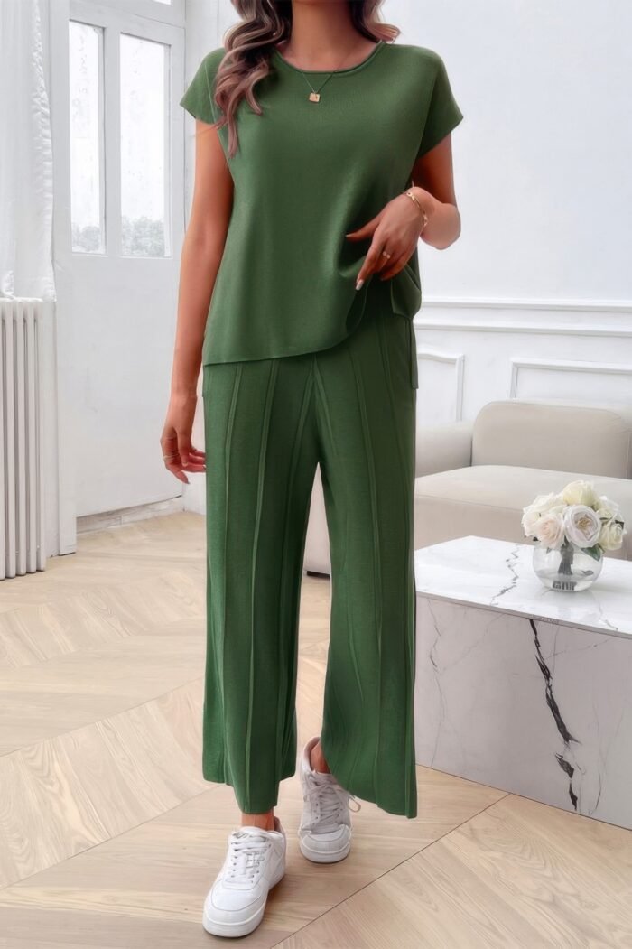 Two Pieces Short Sleeve Outfit Pullover Wide Leg Set - Image 10