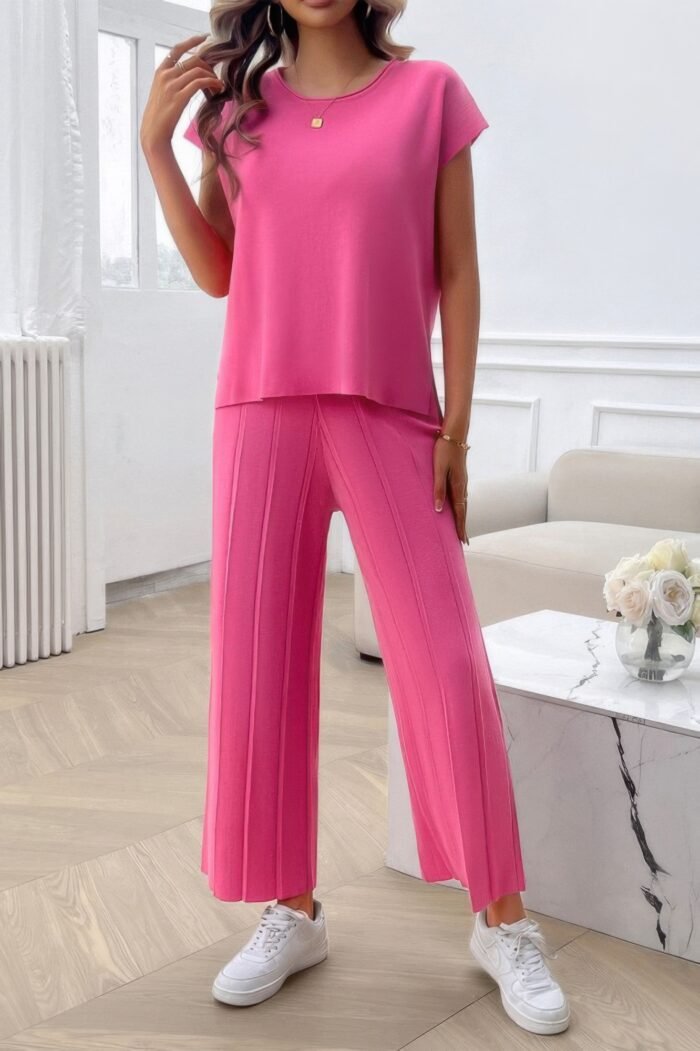 Two Pieces Short Sleeve Outfit Pullover Wide Leg Set - Image 11