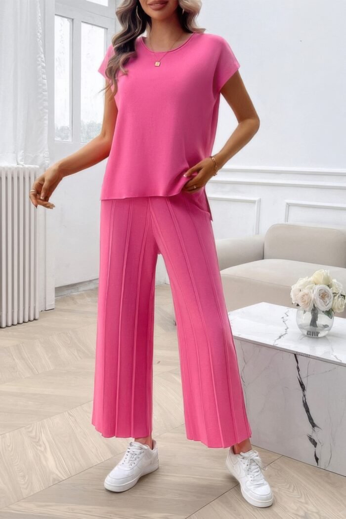 Two Pieces Short Sleeve Outfit Pullover Wide Leg Set - Image 12
