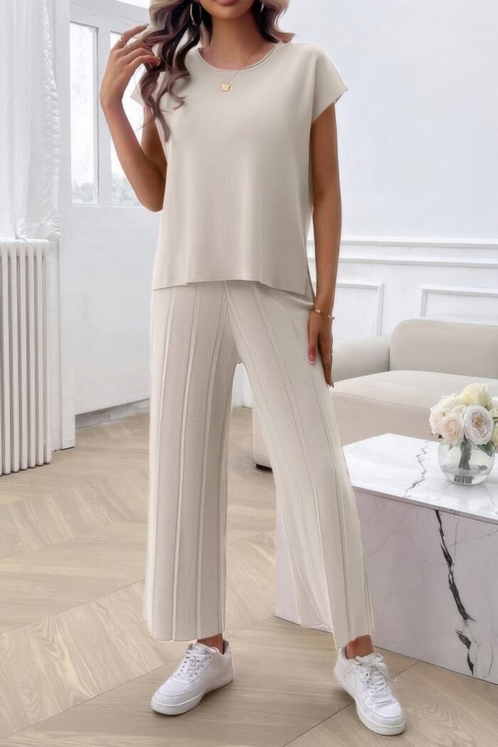 Two Pieces Short Sleeve Outfit Pullover Wide Leg Set - Image 14