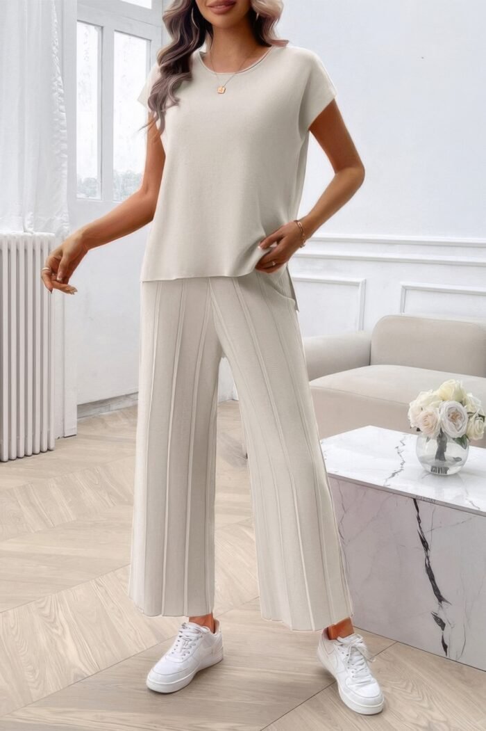 Two Pieces Short Sleeve Outfit Pullover Wide Leg Set - Image 15