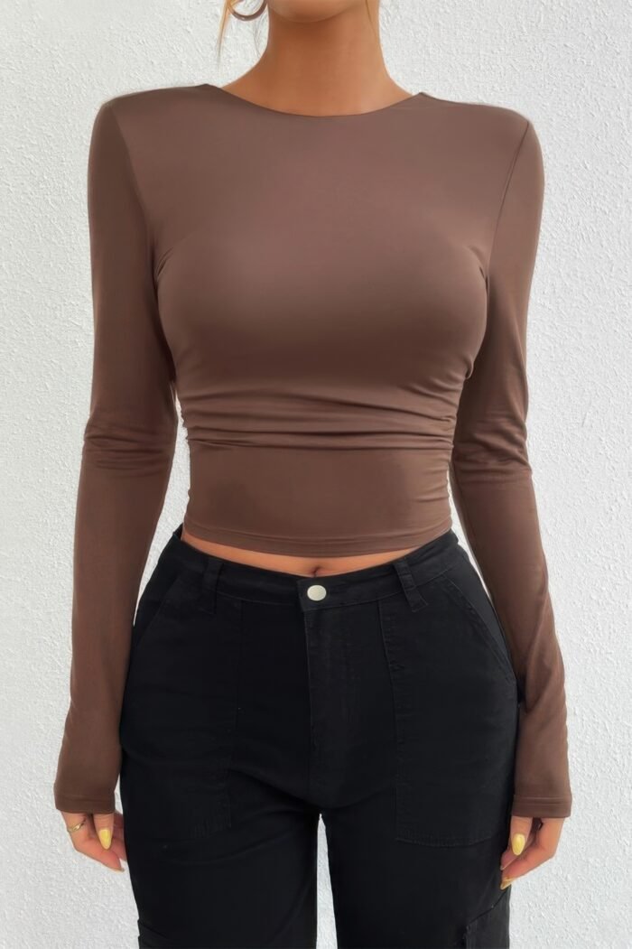 Plain Long Sleeve Open Back Slim Fit Top - Image 2