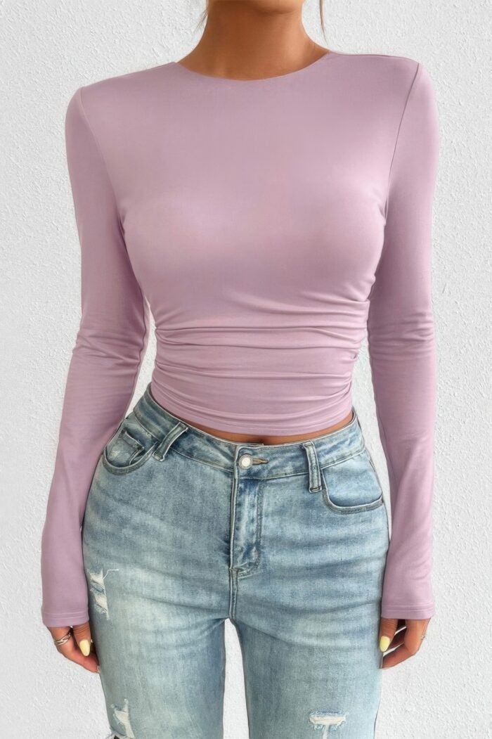 Plain Long Sleeve Open Back Slim Fit Top - Image 3