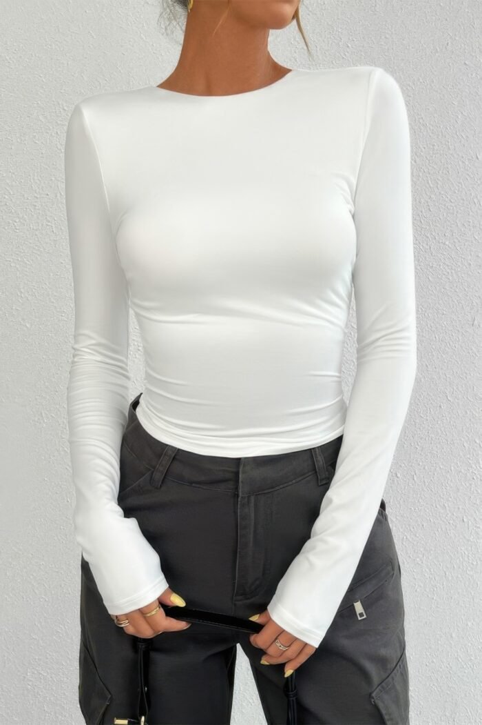 Plain Long Sleeve Open Back Slim Fit Top - Image 4