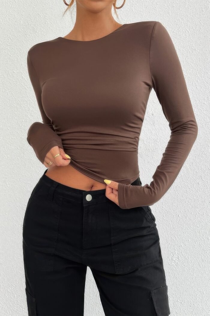 Plain Long Sleeve Open Back Slim Fit Top - Image 8