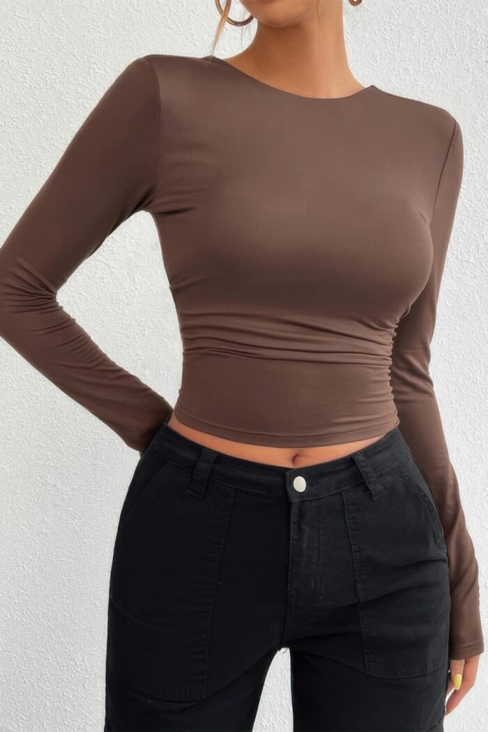 Plain Long Sleeve Open Back Slim Fit Top - Image 9