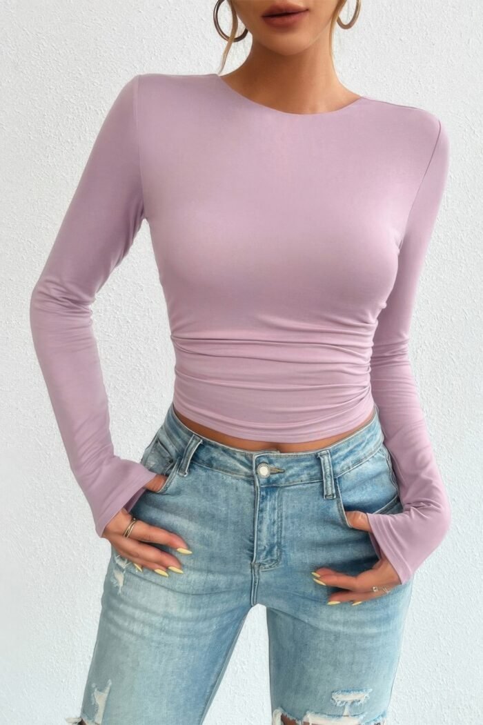 Plain Long Sleeve Open Back Slim Fit Top - Image 12
