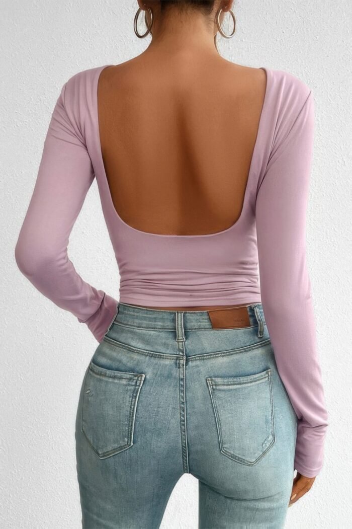 Plain Long Sleeve Open Back Slim Fit Top - Image 14
