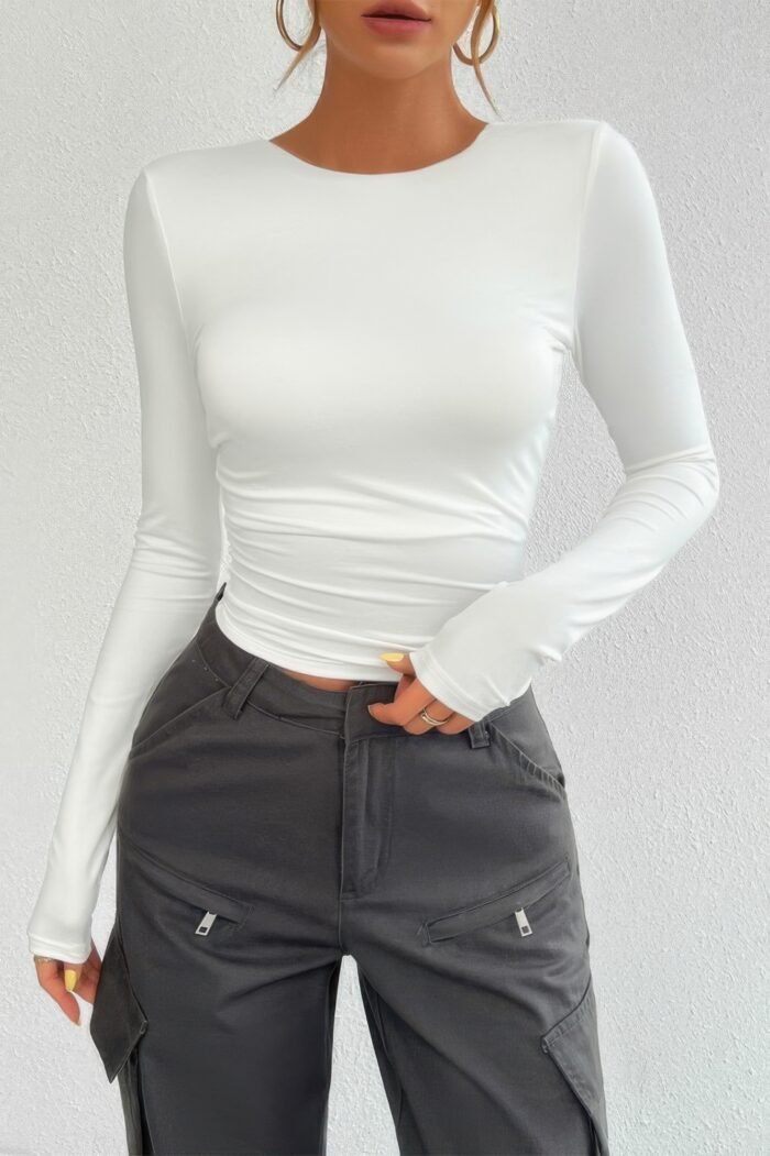 Plain Long Sleeve Open Back Slim Fit Top - Image 15