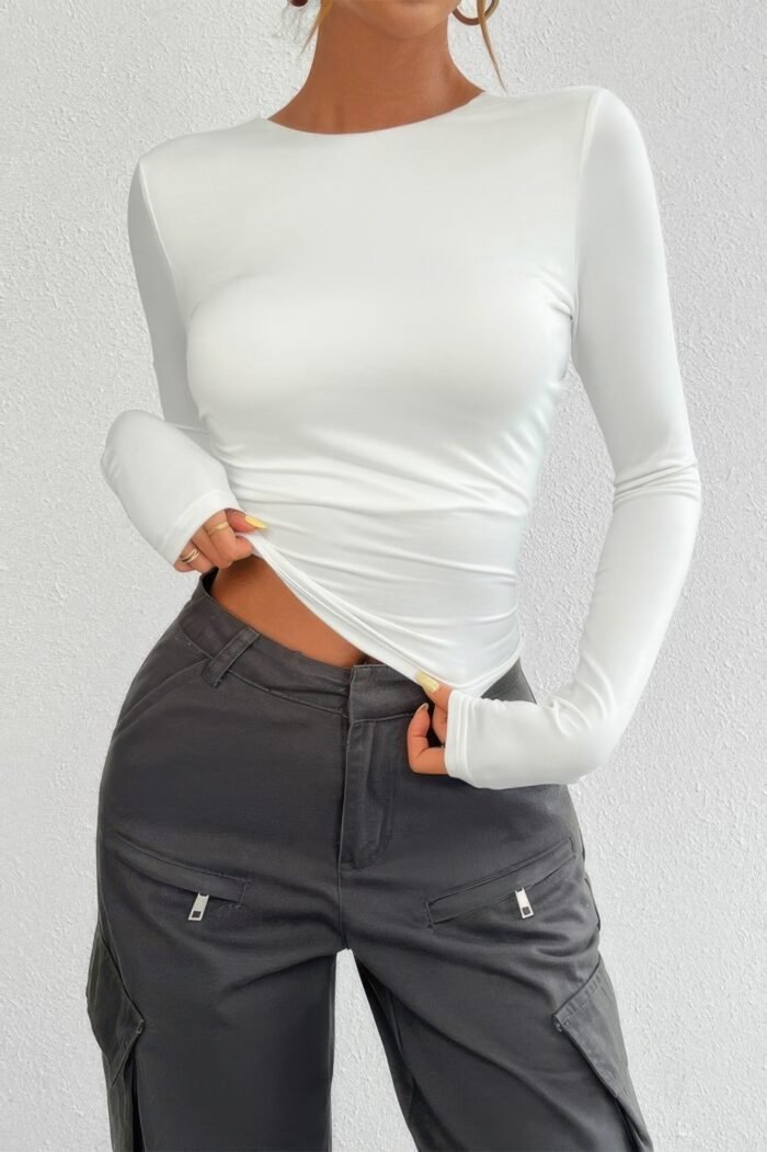 Plain Long Sleeve Open Back Slim Fit Top - Image 16