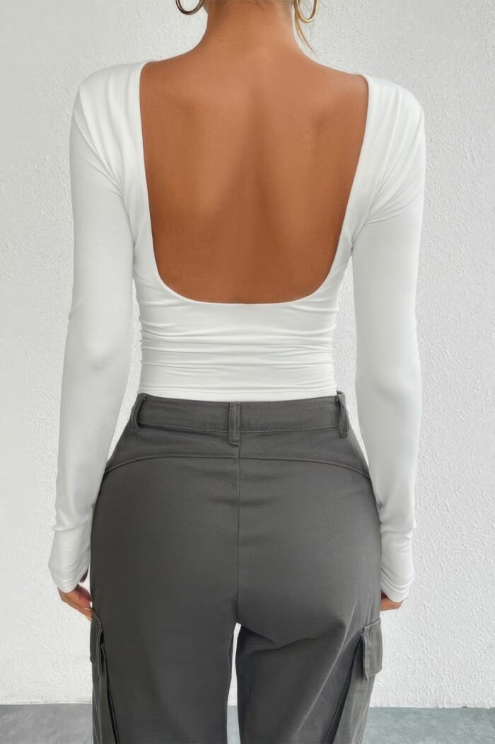 Plain Long Sleeve Open Back Slim Fit Top - Image 17
