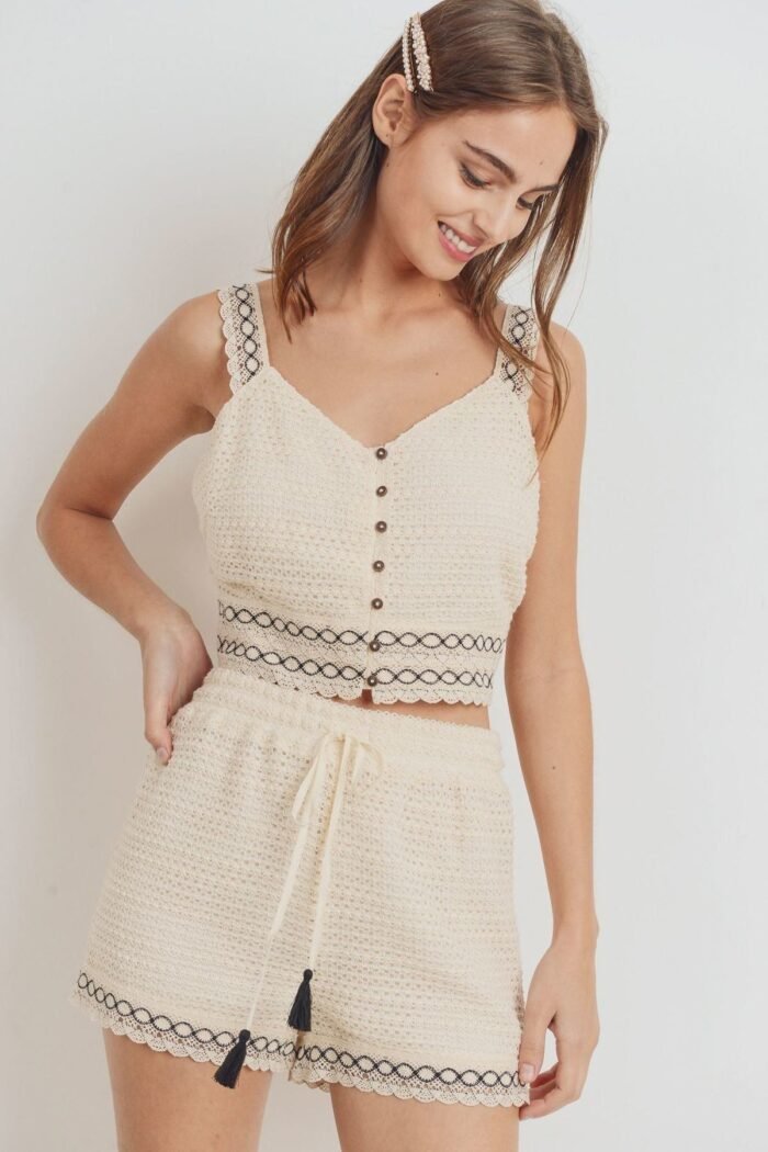 Knit Laced Buttoned Shoulder Strap Top - Image 3