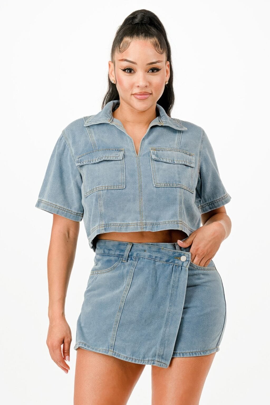 cropped denim shirt and skort set
