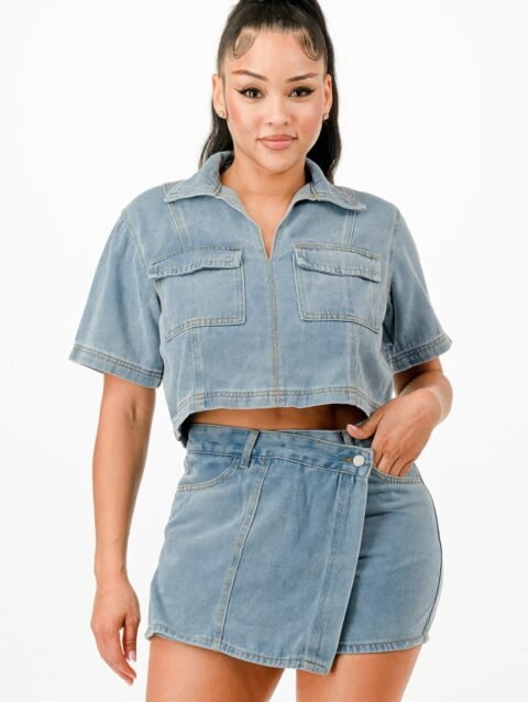 Cropped Denim Shirt And Skort Set