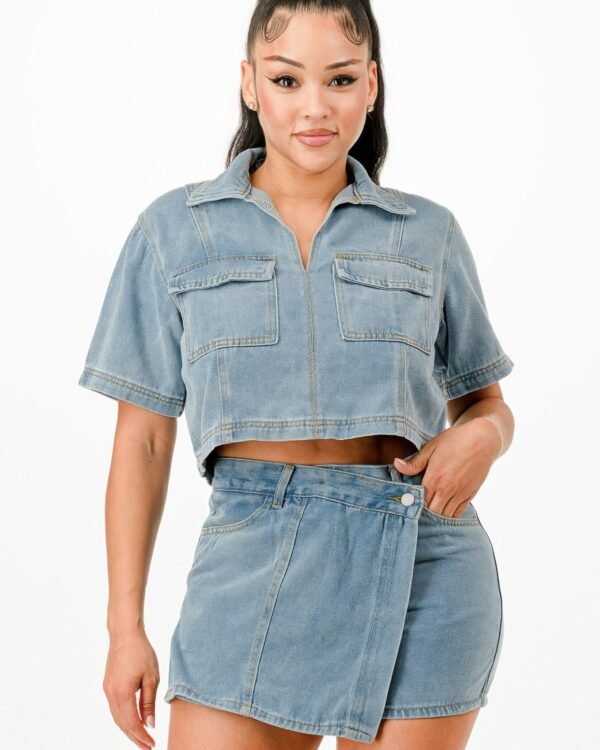 Cropped Denim Shirt And Skort Set