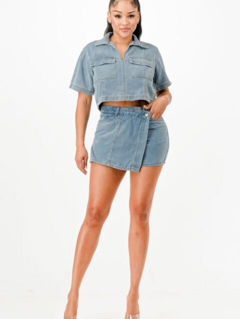 Cropped Denim Shirt And Skort Set