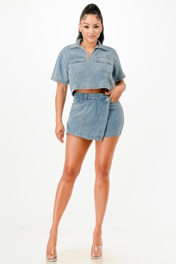 Cropped Denim Shirt And Skort Set - Image 2