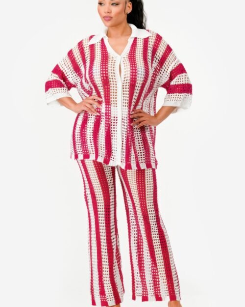 sheer stripe polo knit pants set