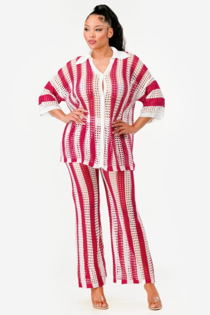 Sheer Stripe Polo Knit Pants Set - Image 9