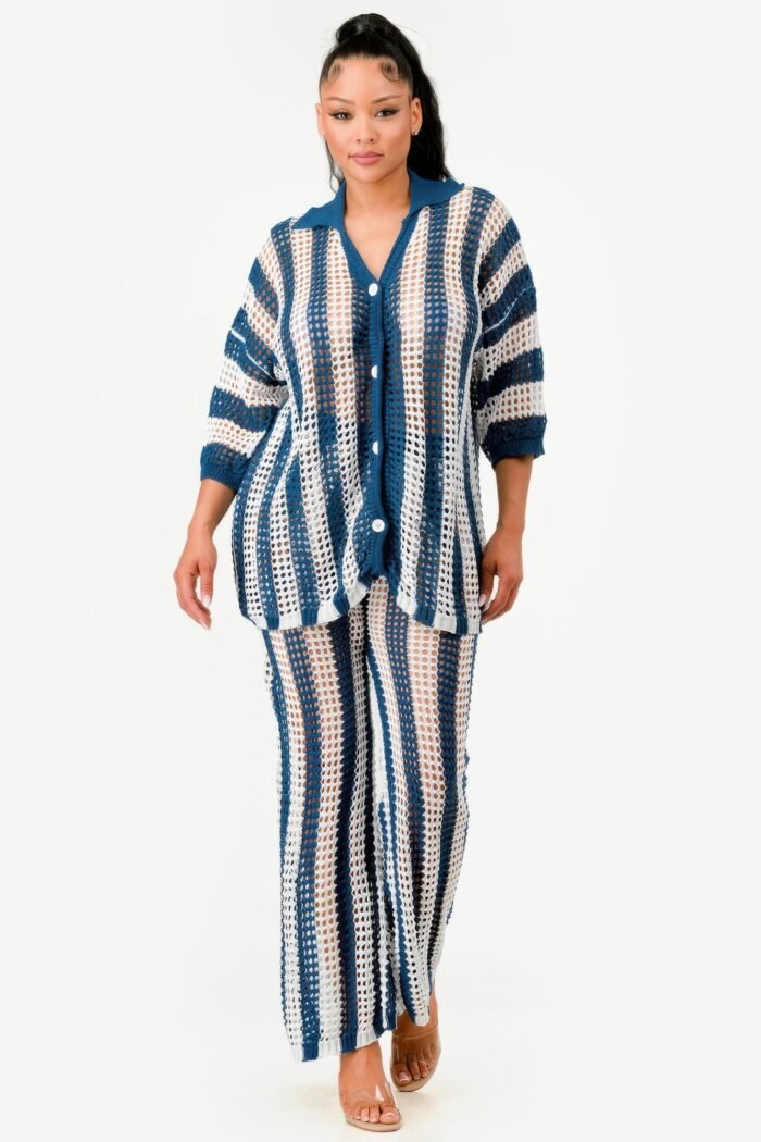 Sheer Stripe Polo Knit Pants Set - Image 5