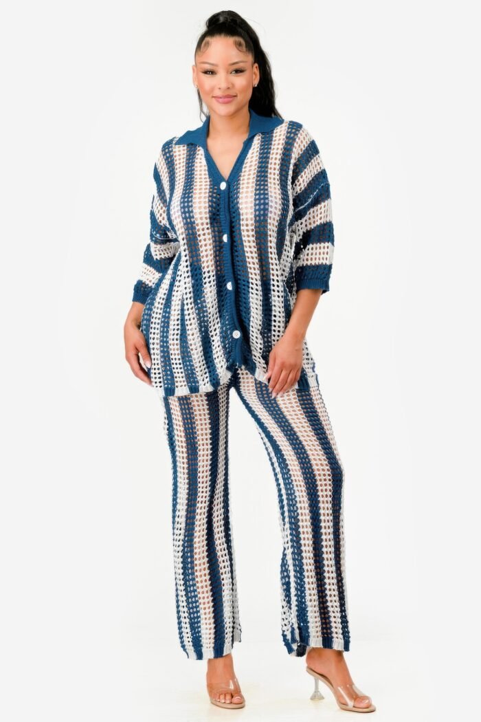 Sheer Stripe Polo Knit Pants Set - Image 6