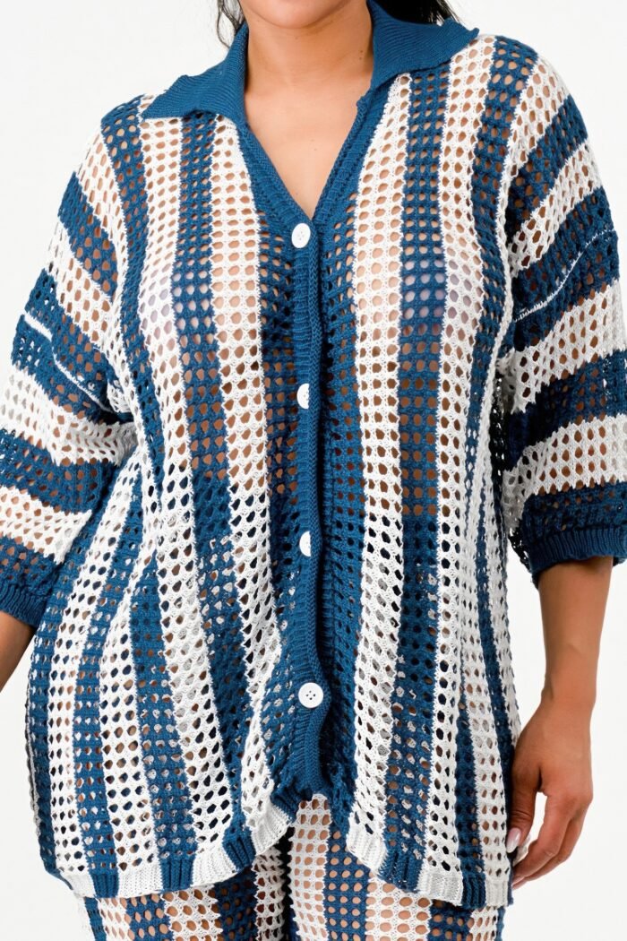 Sheer Stripe Polo Knit Pants Set - Image 7