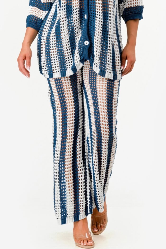 Sheer Stripe Polo Knit Pants Set - Image 8