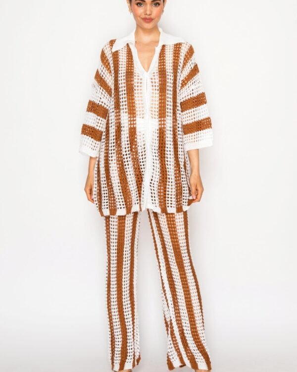 Sheer Stripe Polo Knit Pants Set