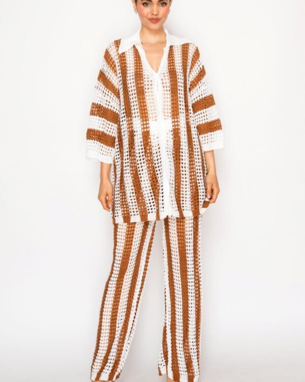 Sheer Stripe Polo Knit Pants Set