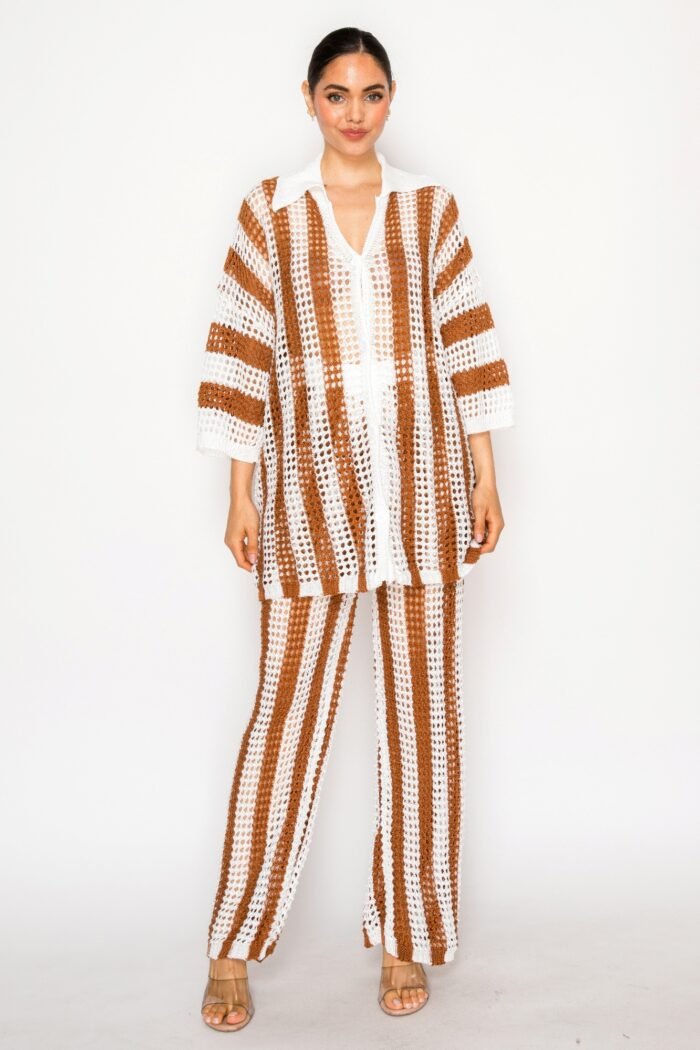 Sheer Stripe Polo Knit Pants Set - Image 2