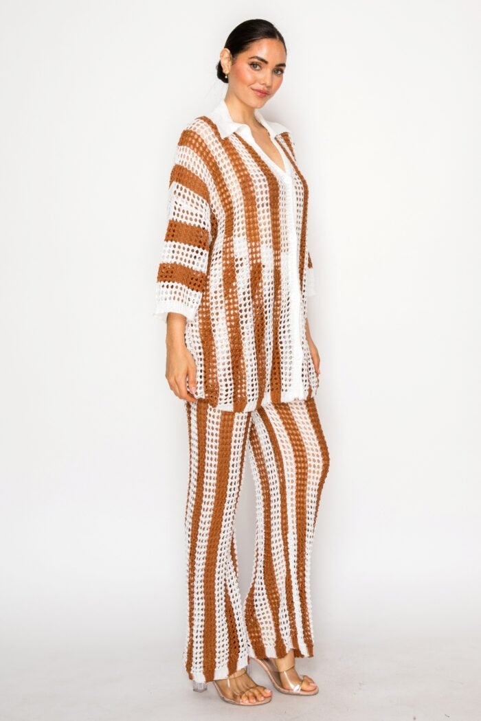 Sheer Stripe Polo Knit Pants Set - Image 3