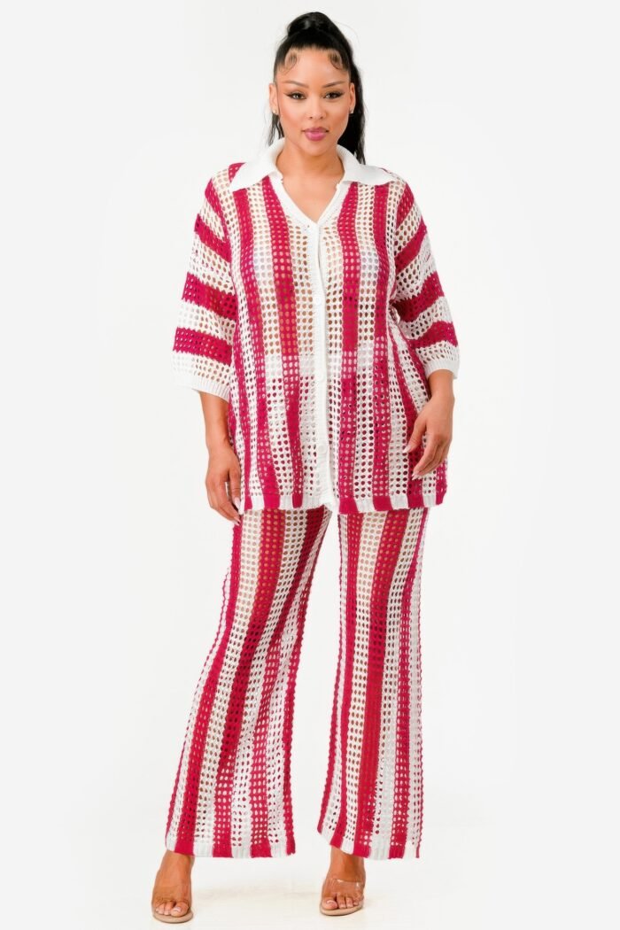 Sheer Stripe Polo Knit Pants Set - Image 10