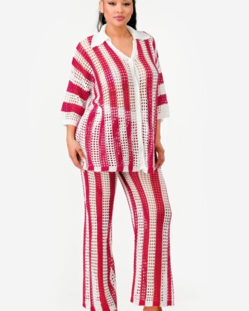 sheer stripe polo knit pants set