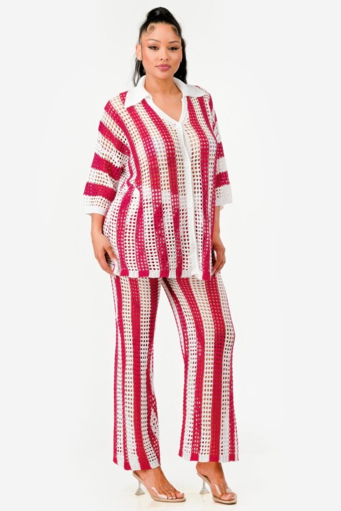 Sheer Stripe Polo Knit Pants Set - Image 11