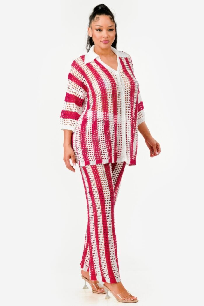 Sheer Stripe Polo Knit Pants Set - Image 12