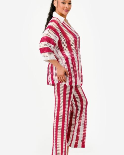 sheer stripe polo knit pants set