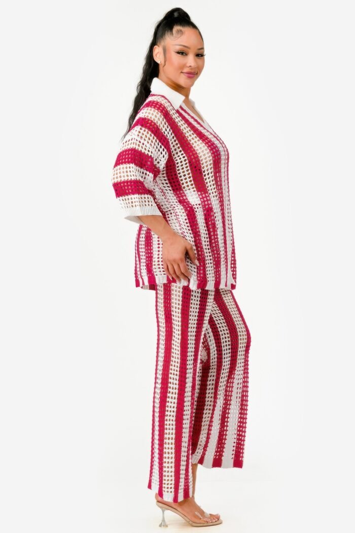 Sheer Stripe Polo Knit Pants Set - Image 13