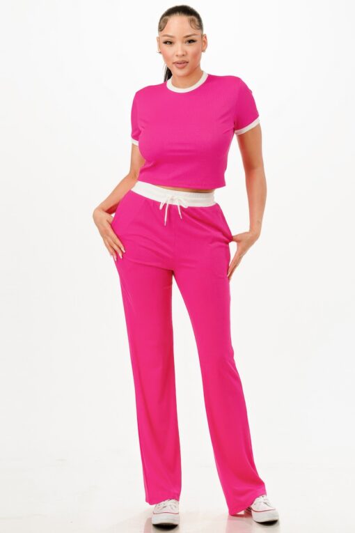 Ribbed Contrast Binding Top And Pants Set - Image 10