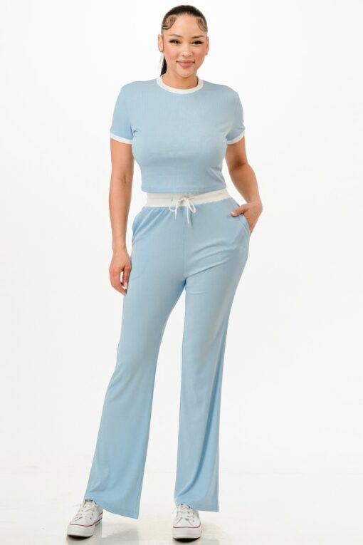 Ribbed Contrast Binding Top And Pants Set - Image 4