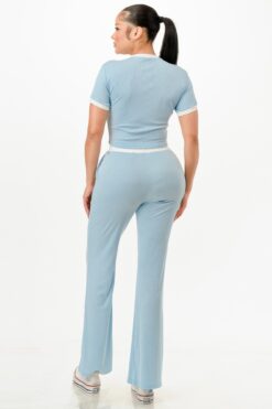 Ribbed Contrast Binding Top And Pants Set